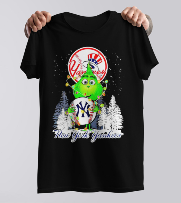 New York Yankees Grinch Christmas Hug With Baseball And Trees T-Shirt