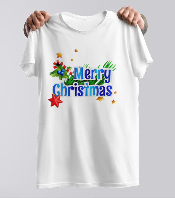 Merry Christmas Candy Cane Holly Pine Red Star T-Shirt