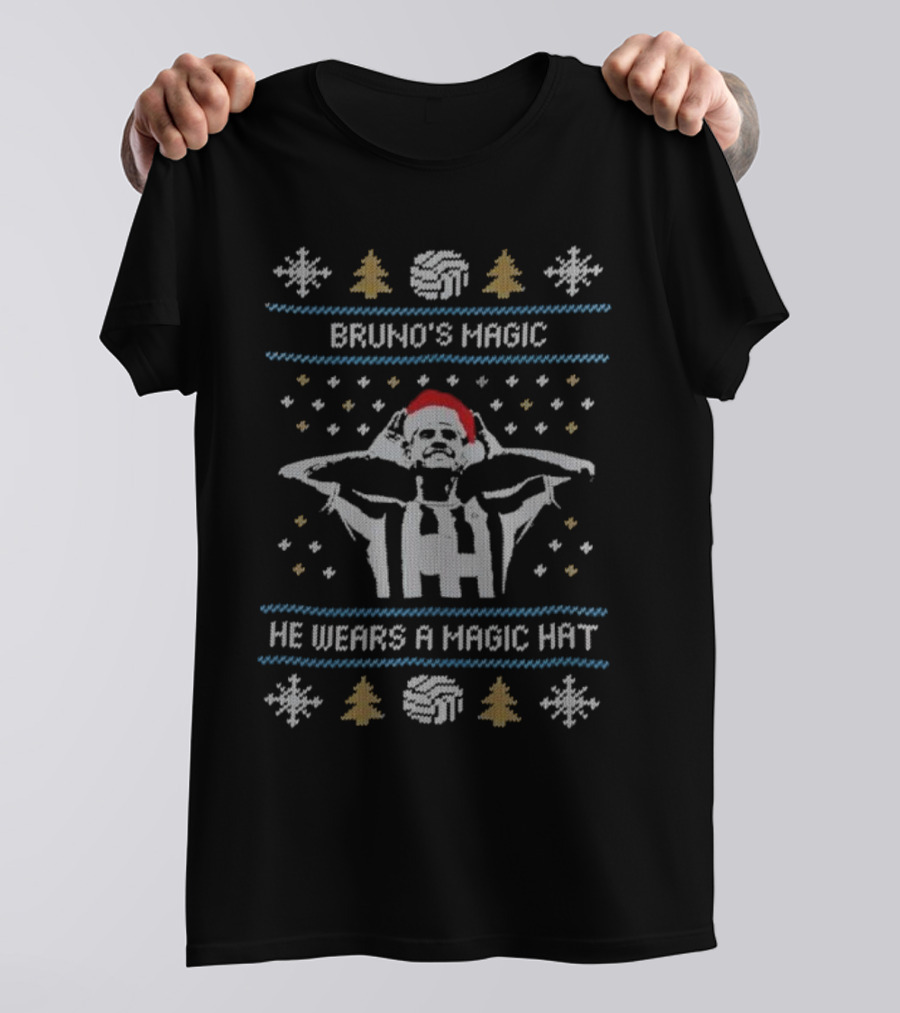 Bruno's Magic He Wears A Magic Hat Soccer Christmas Sweater With Santa Hat T-Shirt