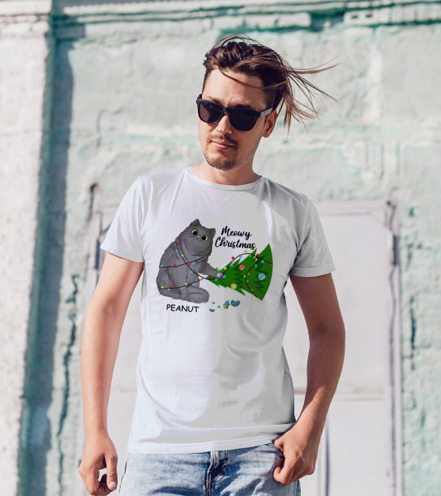 Meowy Christmas Cat Wrapped In Lights With Custom Name Peanut T-Shirt