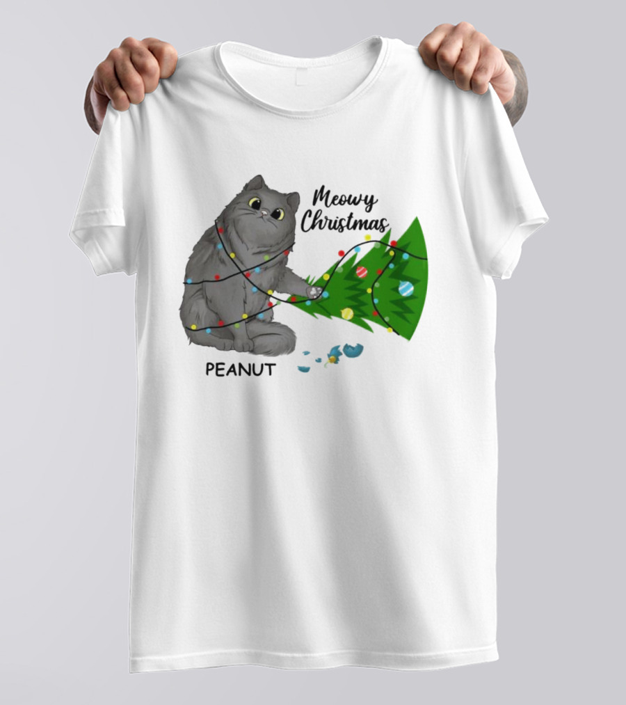 Meowy Christmas Cat Wrapped In Lights With Custom Name Peanut T-Shirt