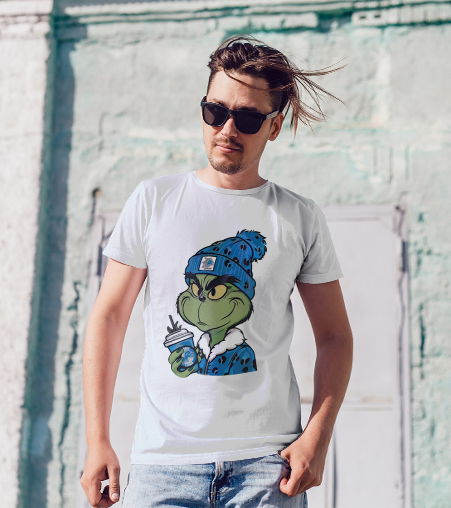 Grinch Wearing Detroit Lions Winter Outfit Holding Drink Christmas T-Shirt