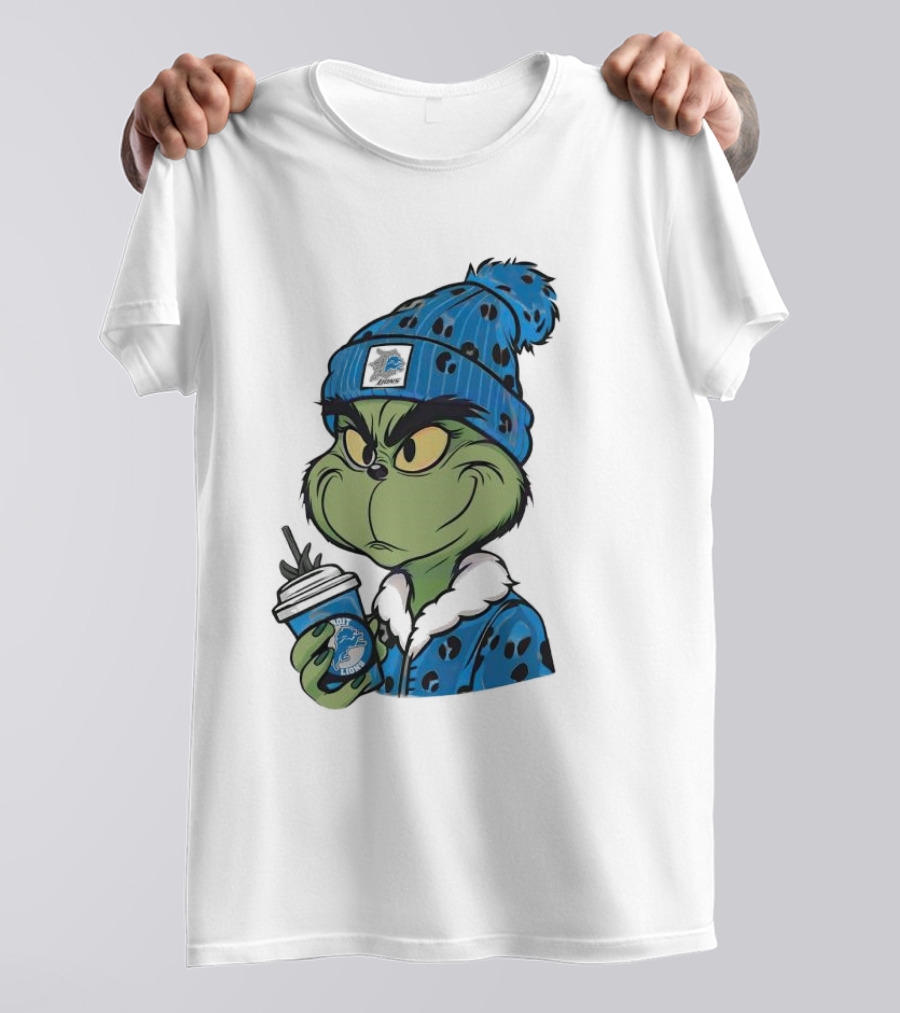 Grinch Wearing Detroit Lions Winter Outfit Holding Drink Christmas T-Shirt