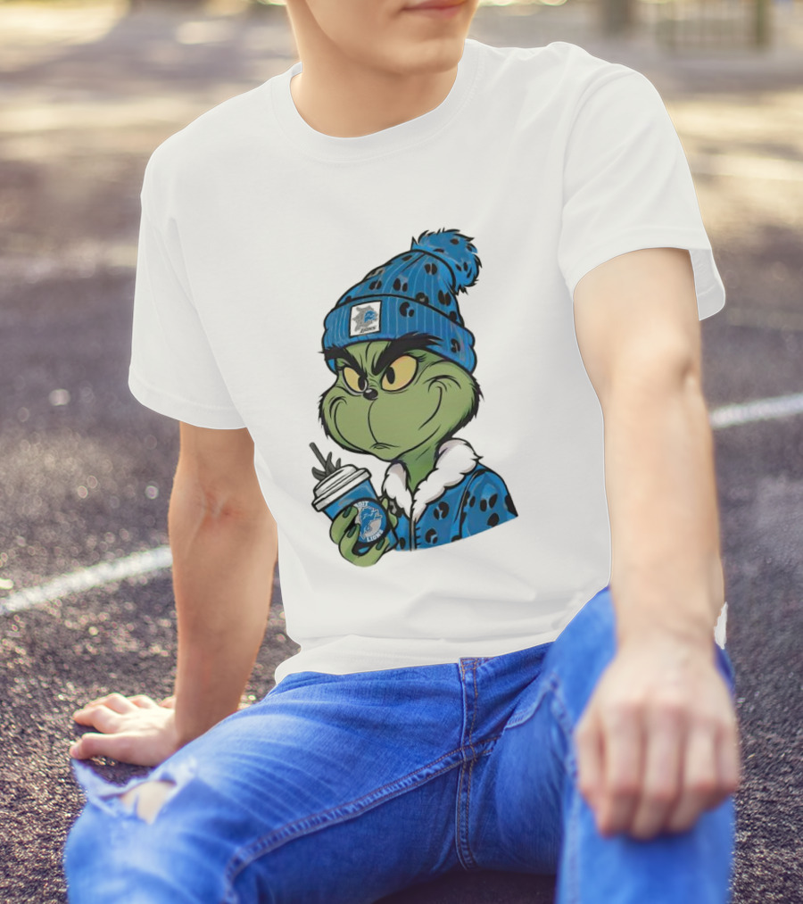 Grinch Wearing Detroit Lions Winter Outfit Holding Drink Christmas T-Shirt