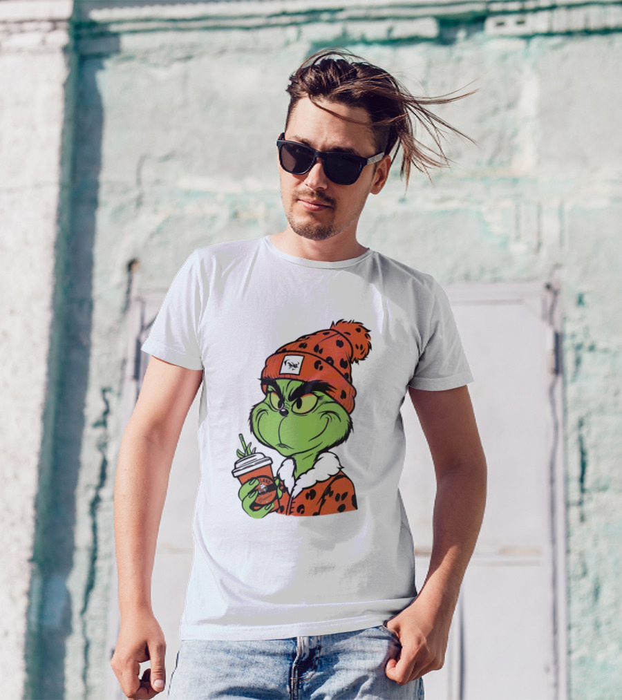 Grinch Wears Orange Beanie Holds Browns Mug Christmas T-Shirt