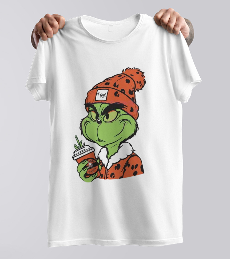 Grinch Wears Orange Beanie Holds Browns Mug Christmas T-Shirt