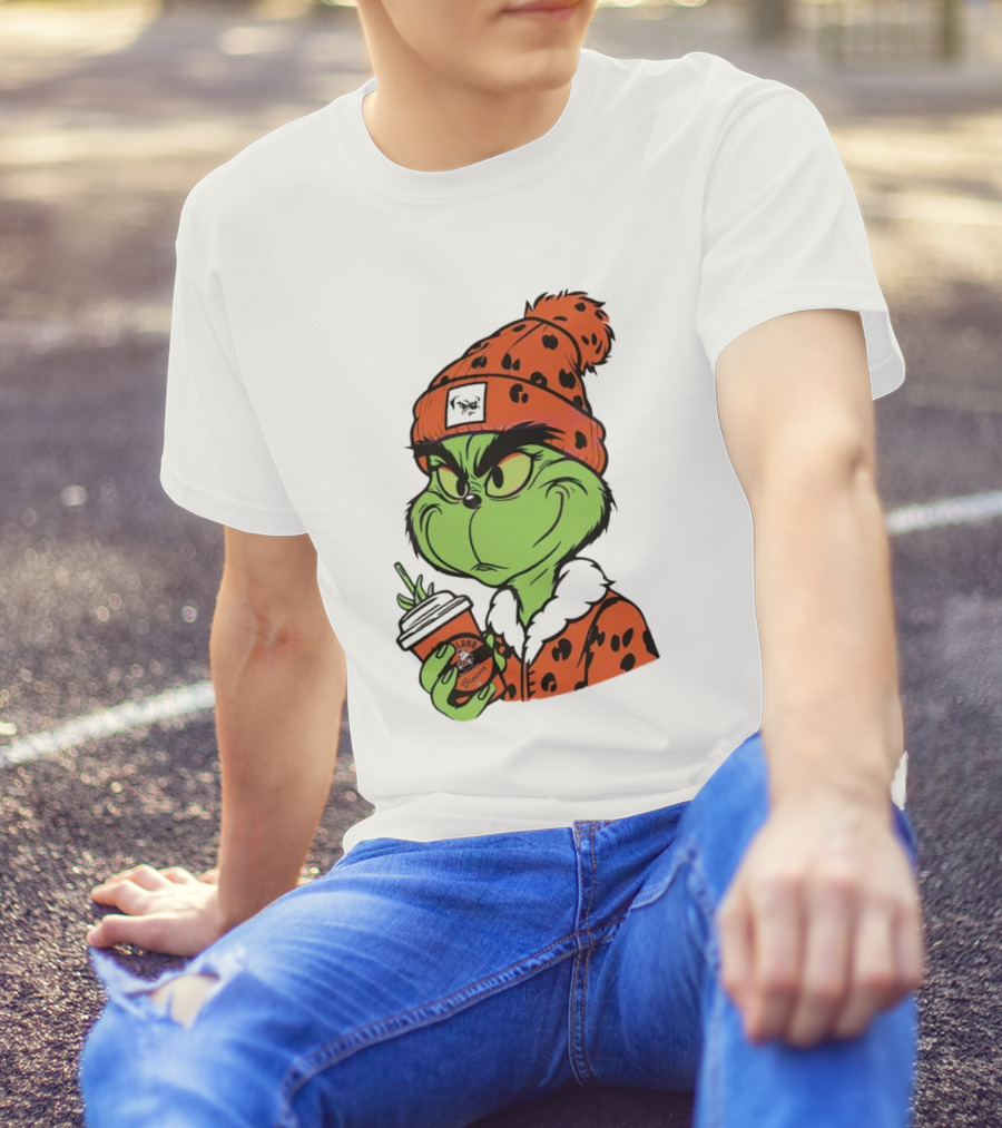 Grinch Wears Orange Beanie Holds Browns Mug Christmas T-Shirt