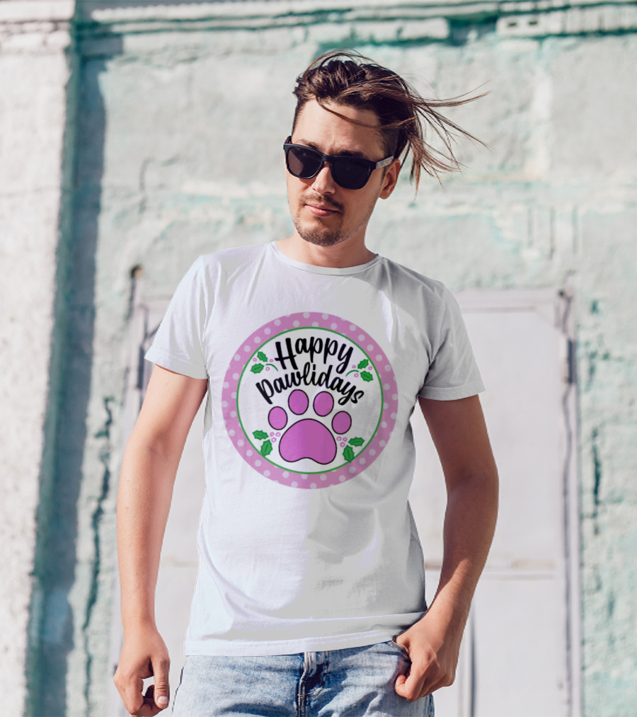Happy Pawlidays Pink Paw Print With Holly Border Christmas T-Shirt