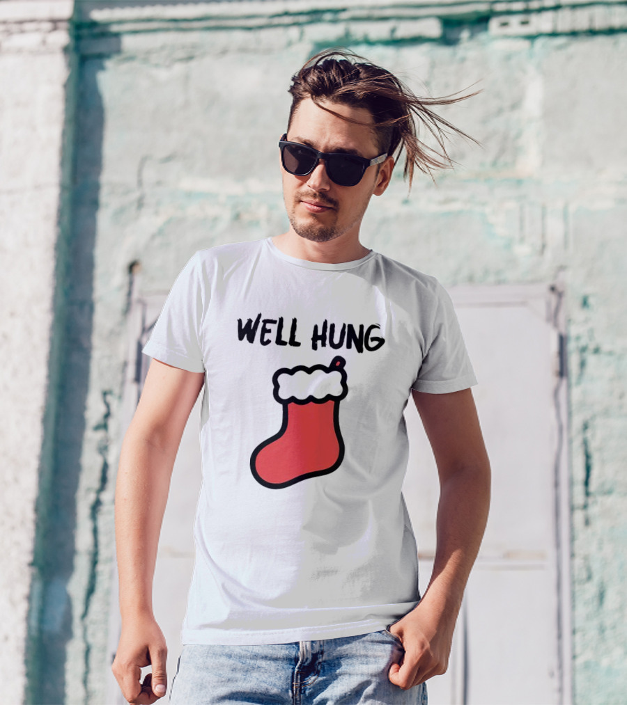 Well Hung Red Christmas Stocking Holiday Pun T-Shirt