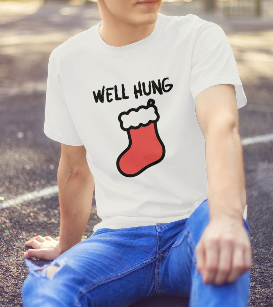 Well Hung Red Christmas Stocking Holiday Pun T-Shirt