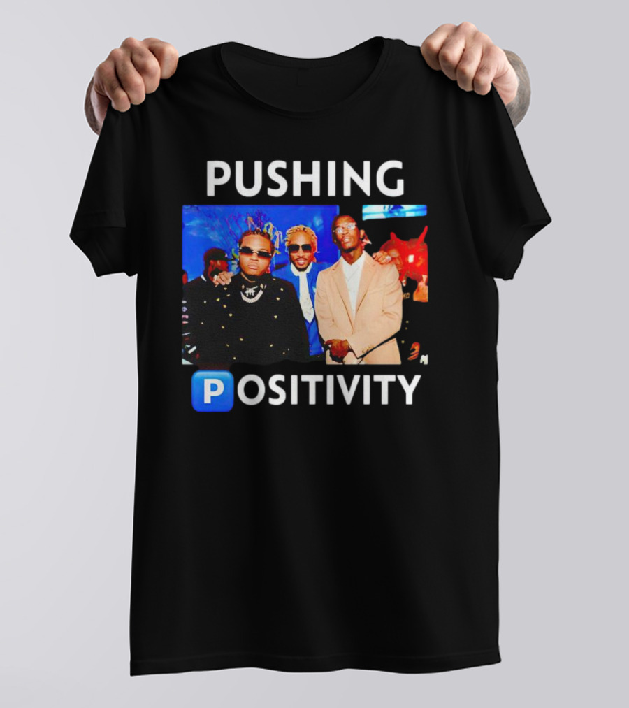 Pushing Positivity Iconic Trio With Blue Background T-Shirt