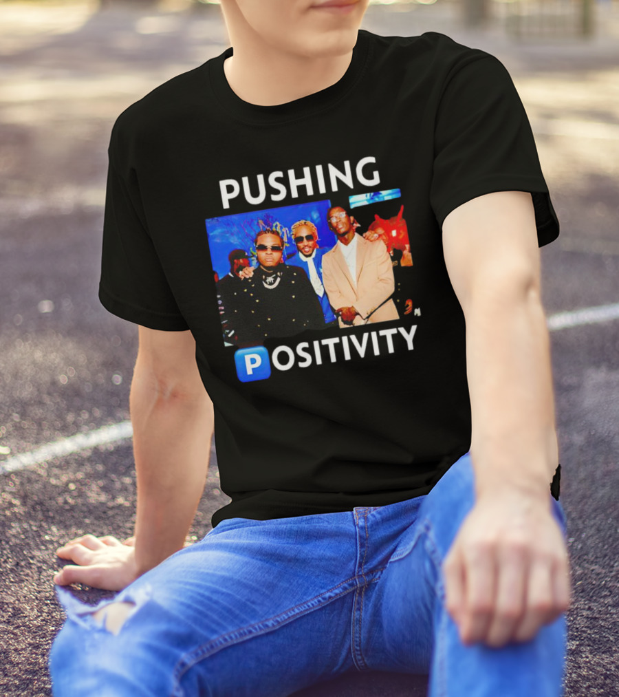 Pushing Positivity Iconic Trio With Blue Background T-Shirt
