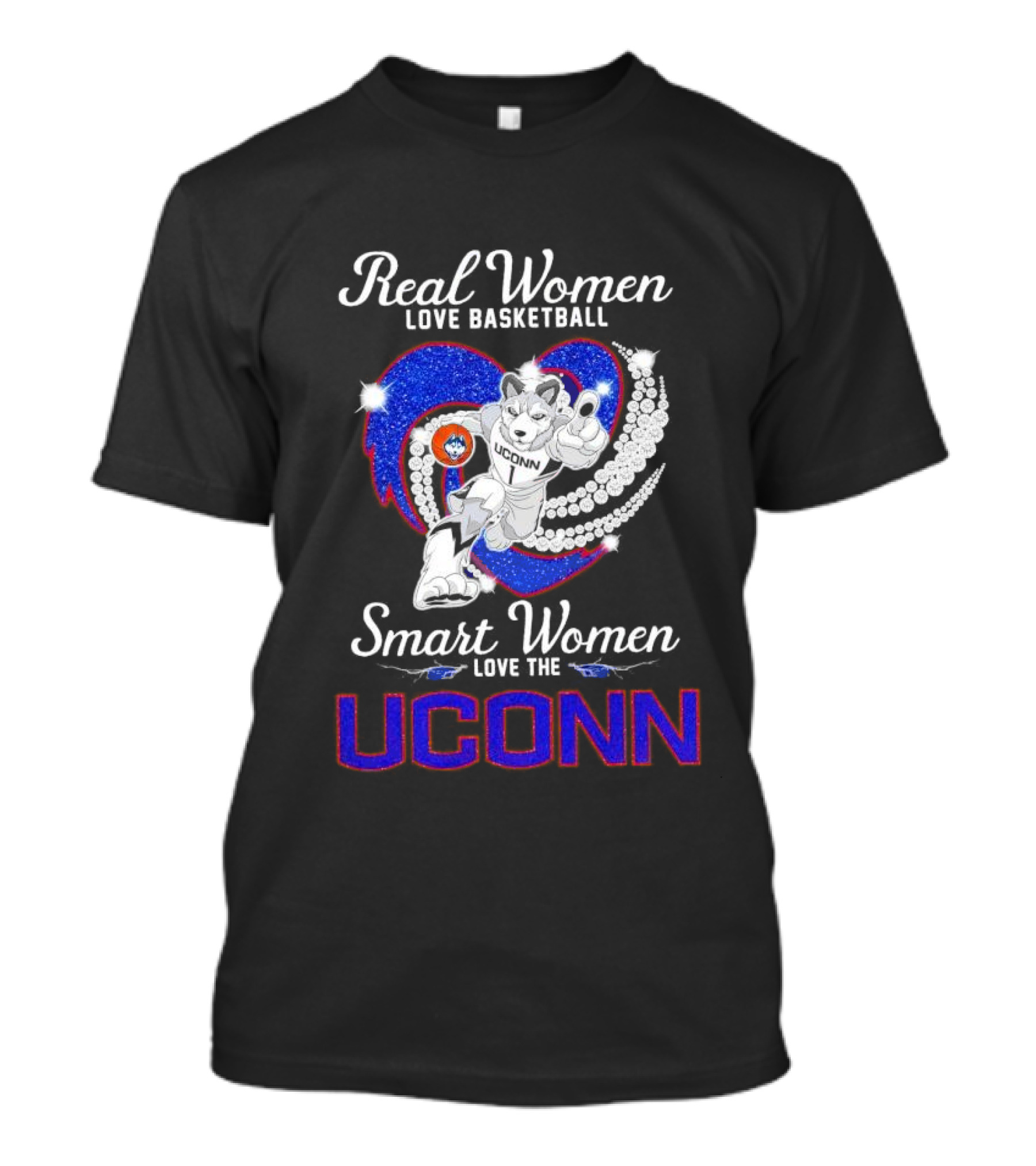 Real Women Love Basketball Smart Women Love The UConn Huskies UConn Basketball Fan Heart T-Shirt