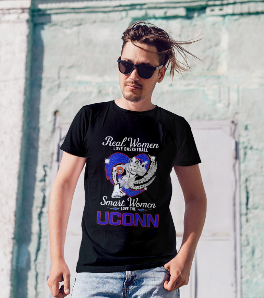 Real Women Love Basketball Smart Women Love The UConn Huskies UConn Basketball Fan Heart T-Shirt