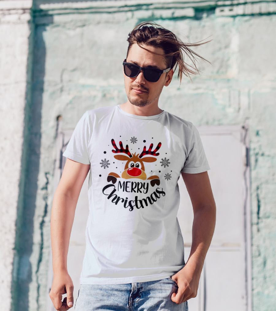 Reindeer Merry Christmas Plaid Antlers Snowflake T-Shirt