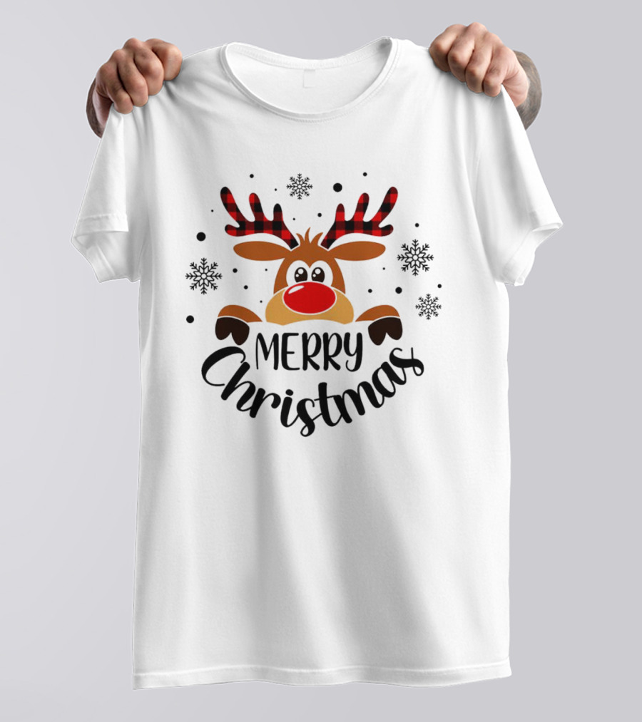 Reindeer Merry Christmas Plaid Antlers Snowflake T-Shirt