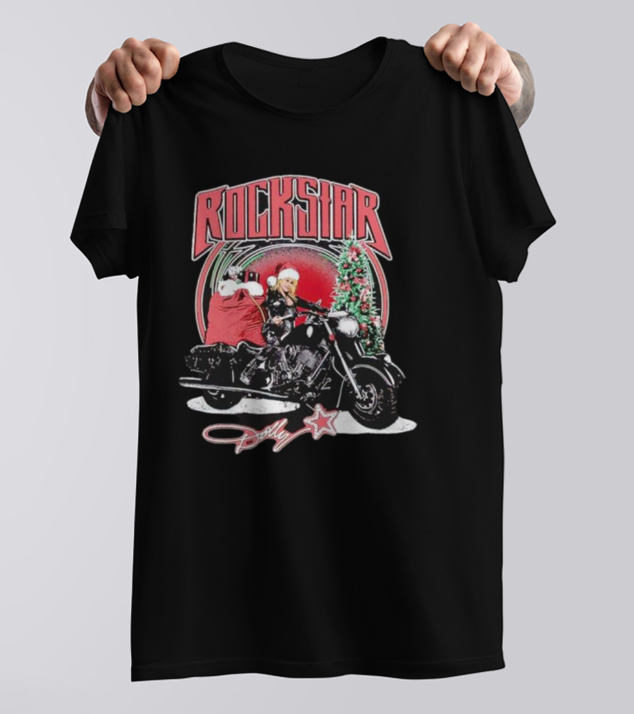 Rockstar Dolly Christmas Motorcycle Santa Hat T-Shirt