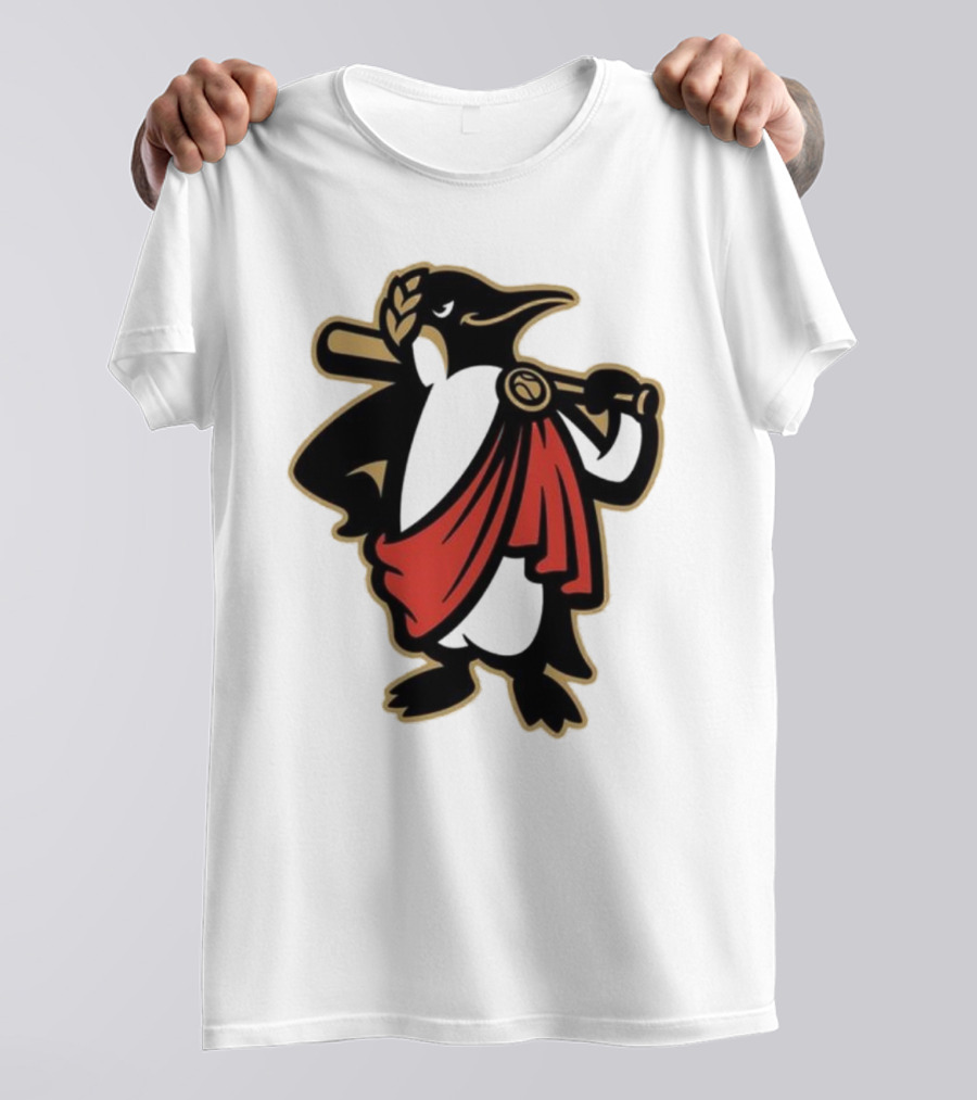 Rome Emperors Penguin In Red Toga With Baseball Bat And Laurel Wreath T-Shirt