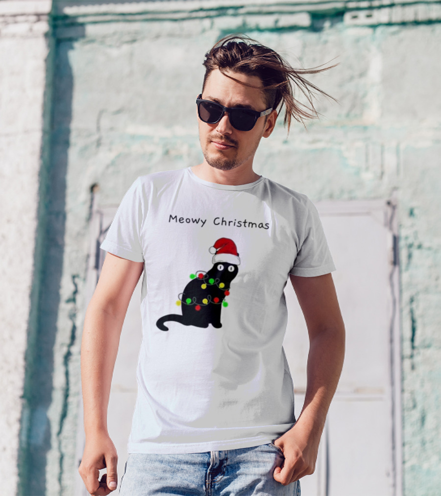 Meowy Christmas Santa Cat With Lights T-Shirt