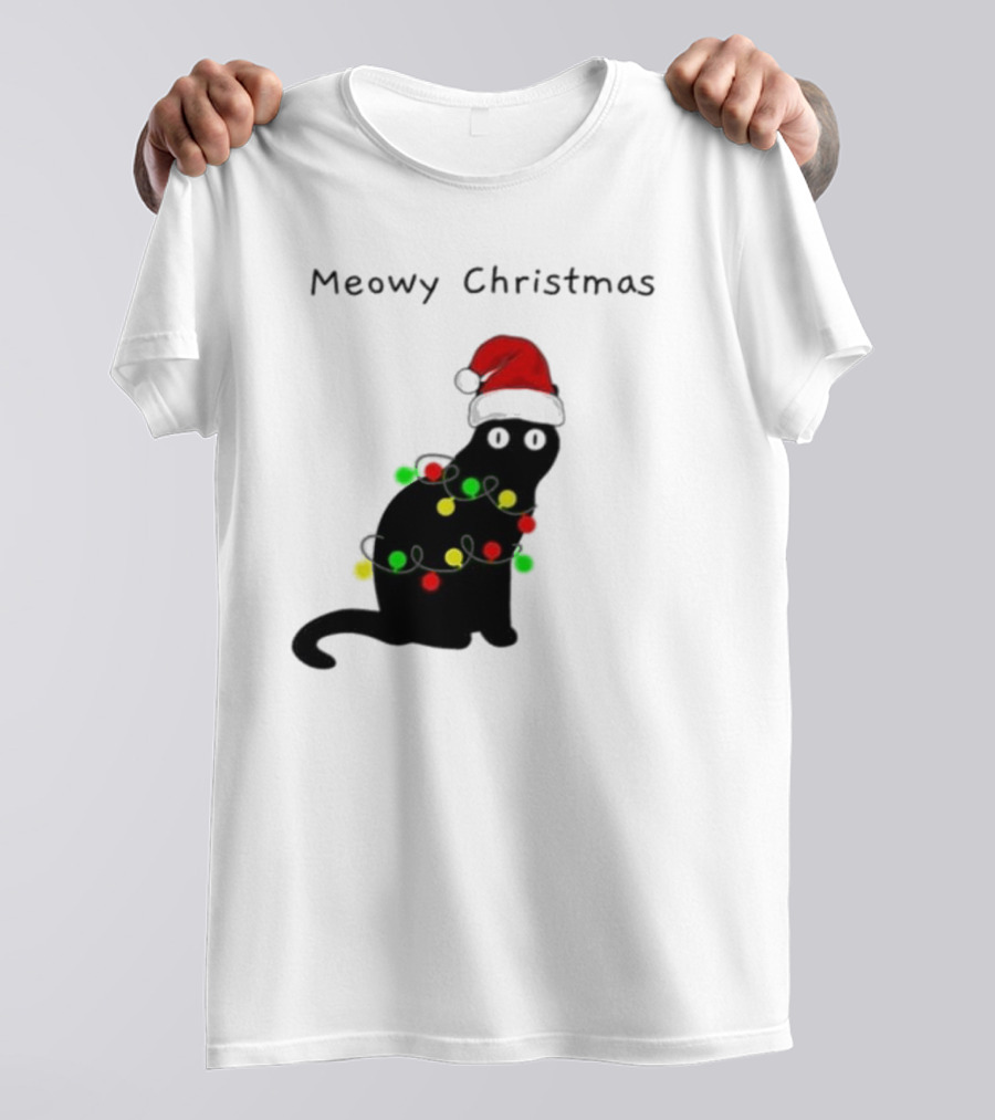Meowy Christmas Santa Cat With Lights T-Shirt