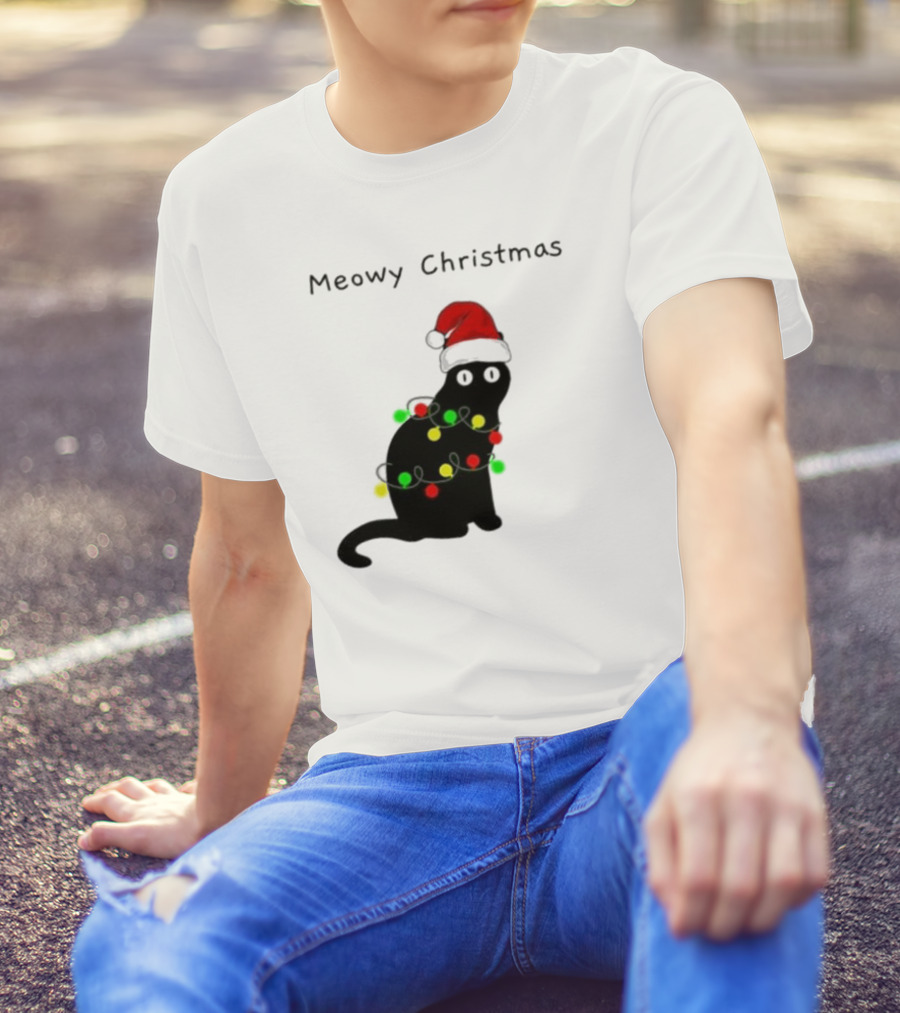 Meowy Christmas Santa Cat With Lights T-Shirt