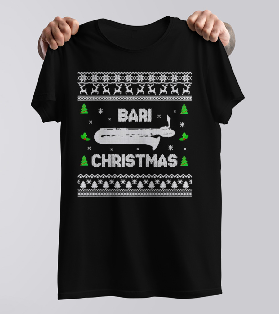 Bari Christmas Saxophone Ugly Sweater Reindeer Trees Snowflakes T-Shirt
