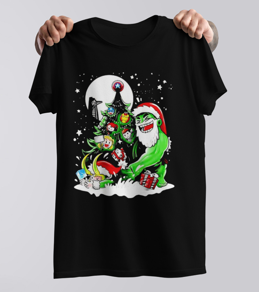 The Avengers Marvel Characters Christmas Tree With Hulk Santa And Superhero Ornaments T-Shirt