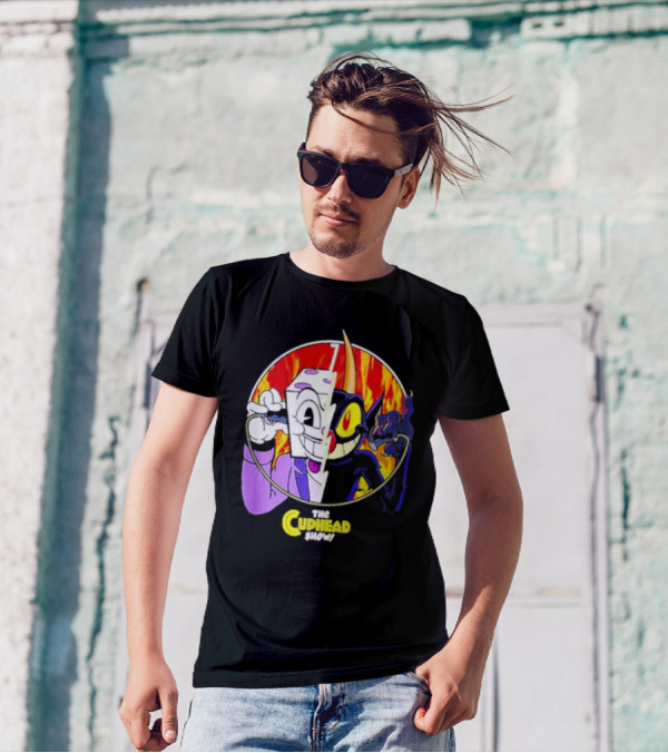 The Cuphead Show King Dice Devil Iconic Faces Fiery Background T-Shirt