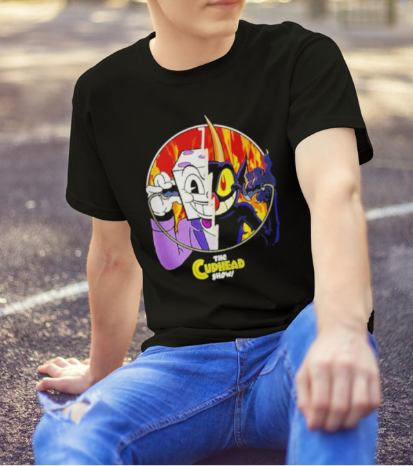 The Cuphead Show King Dice Devil Iconic Faces Fiery Background T-Shirt