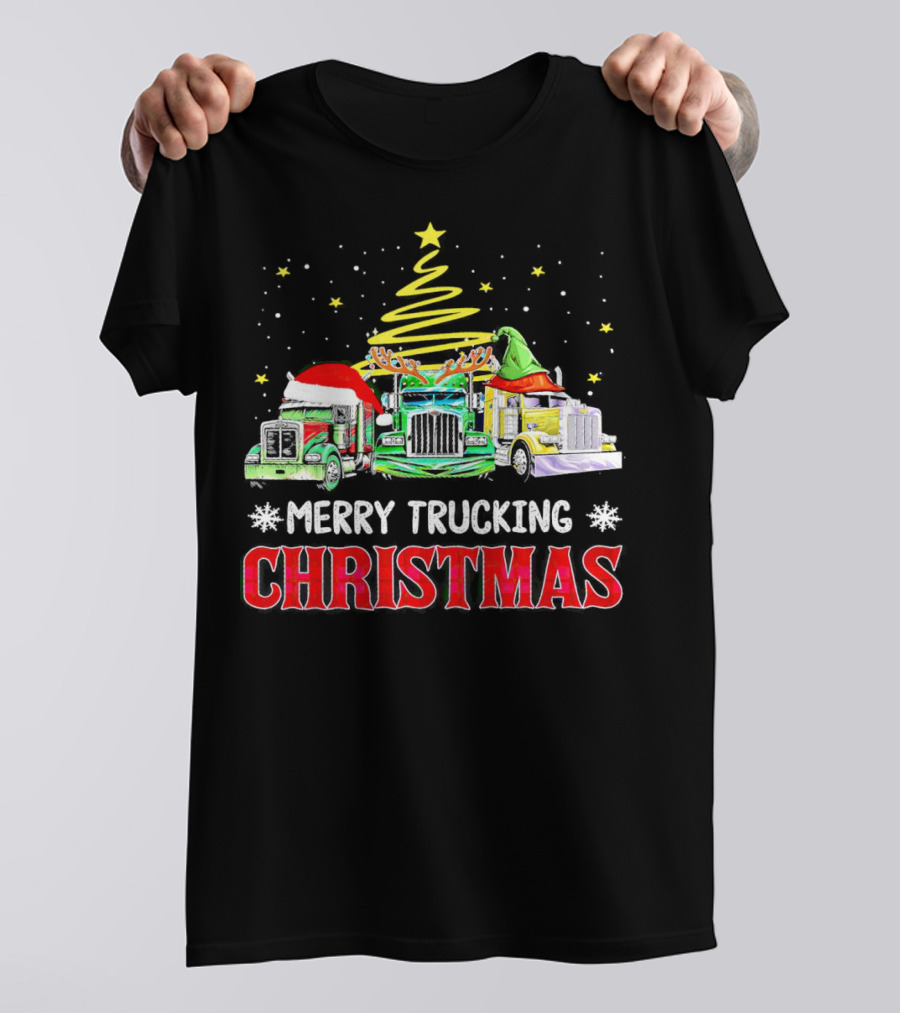 Merry Trucking Christmas With Festive Decorated Trucks And Starry Tree T-Shirt