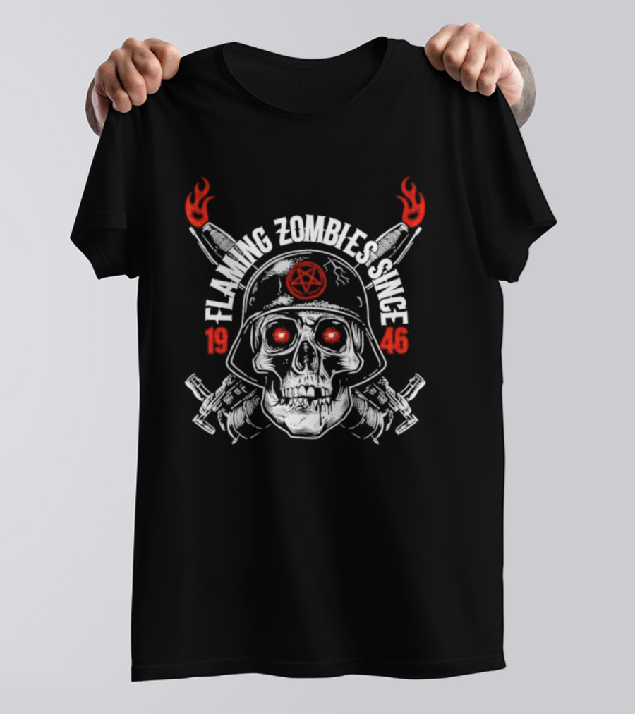 Flaming Zombies Since 1946 Skull With Flaming Bazookas And Pentagram Helmet T-Shirt
