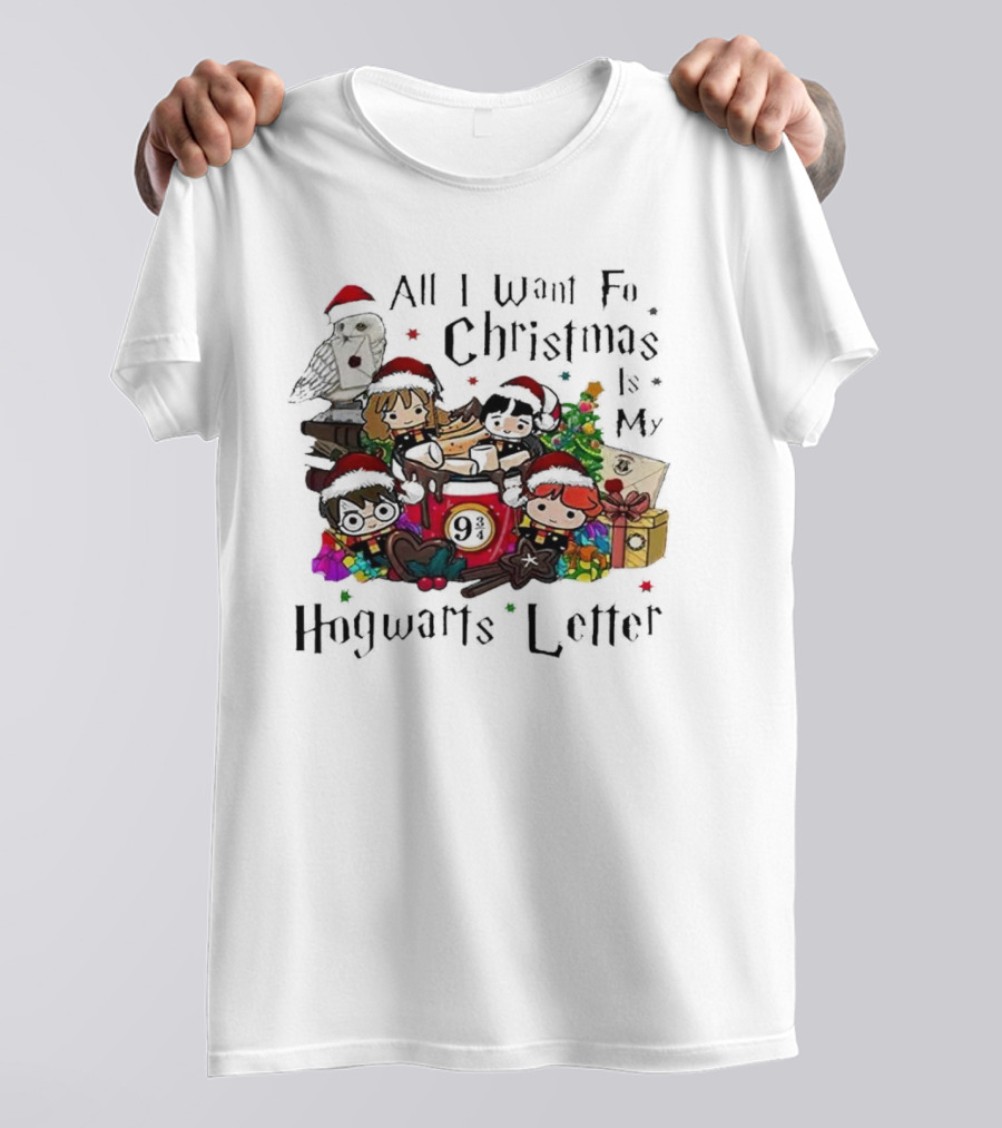 All I Want For Christmas Is My Hogwarts Letter Platform 9¾ With Owl Santa Hats And Gifts T-Shirt