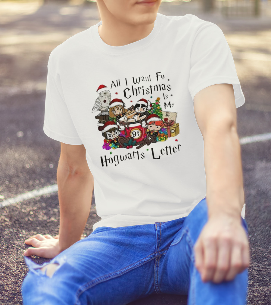 All I Want For Christmas Is My Hogwarts Letter Platform 9¾ With Owl Santa Hats And Gifts T-Shirt