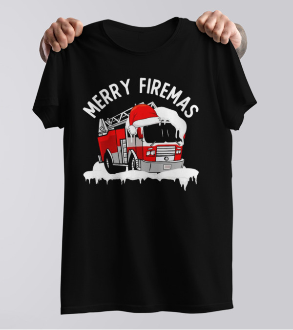 Merry Firemas Fire Truck Santa Hat Christmas T-Shirt