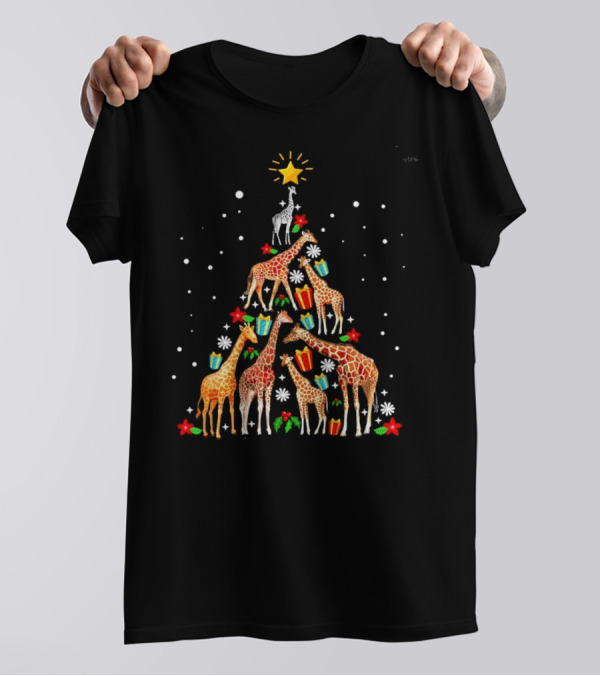 Giraffe Christmas Tree Star Presents Snowflakes T-Shirt