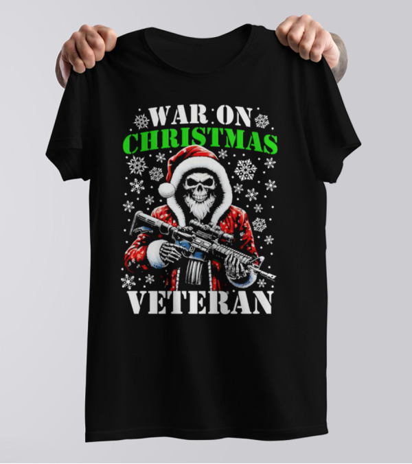 War On Christmas Veteran Skeleton Santa With Rifle Snowflakes T-Shirt