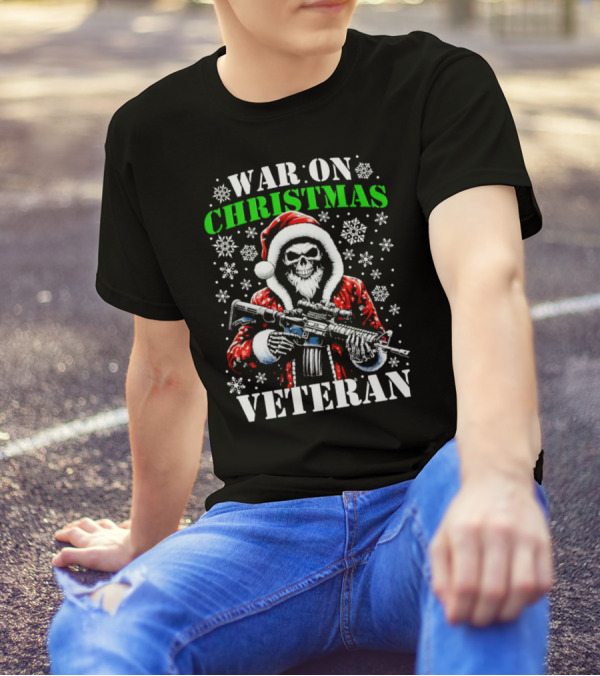 War On Christmas Veteran Skeleton Santa With Rifle Snowflakes T-Shirt