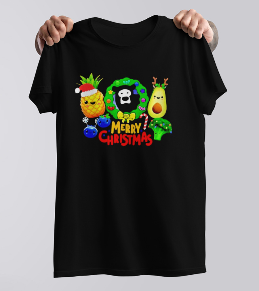 Hey Bear Sensory Merry Christmas Pineapple Avocado Broccoli Wreath T-Shirt