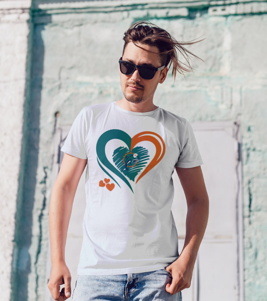 Miami Dolphins Heart Shape Emblem With Three Small Hearts T-Shirt