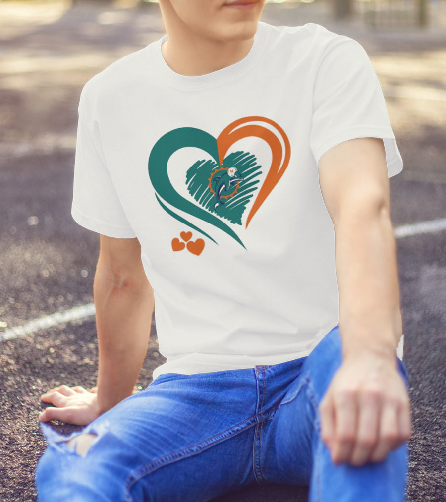 Miami Dolphins Heart Shape Emblem With Three Small Hearts T-Shirt