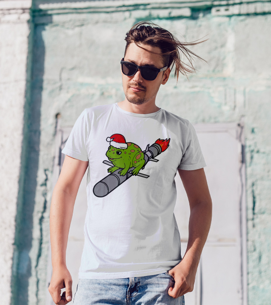 Missile Toad Christmas Frog With Santa Hat Riding A Rocket T-Shirt