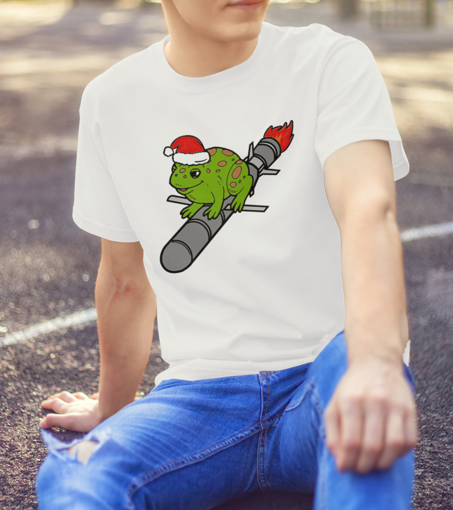 Missile Toad Christmas Frog With Santa Hat Riding A Rocket T-Shirt