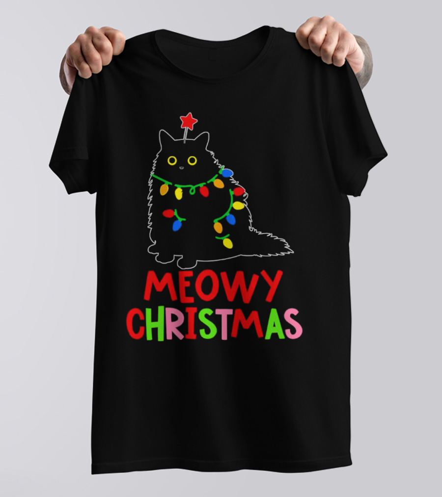 Meowy Christmas Black Cat With Lights T-Shirt
