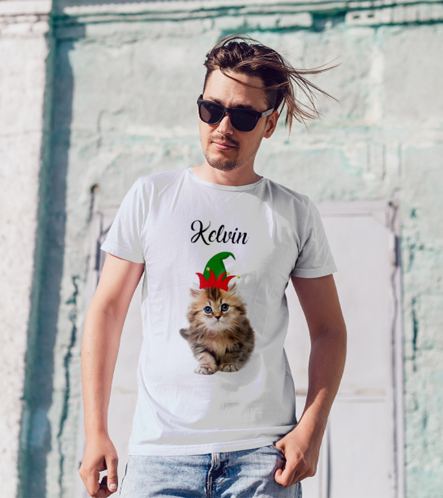 Kelvin Cat Wearing Elf Hat Merry Christmas Custom Name T-Shirt