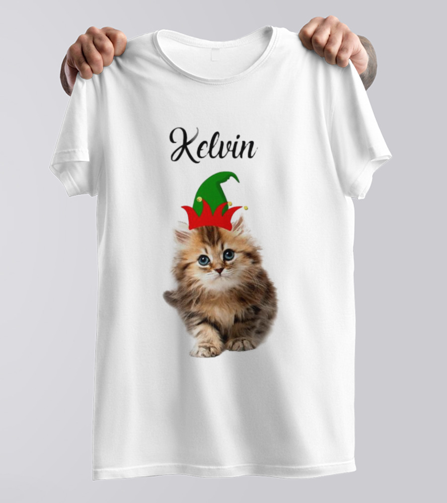 Kelvin Cat Wearing Elf Hat Merry Christmas Custom Name T-Shirt