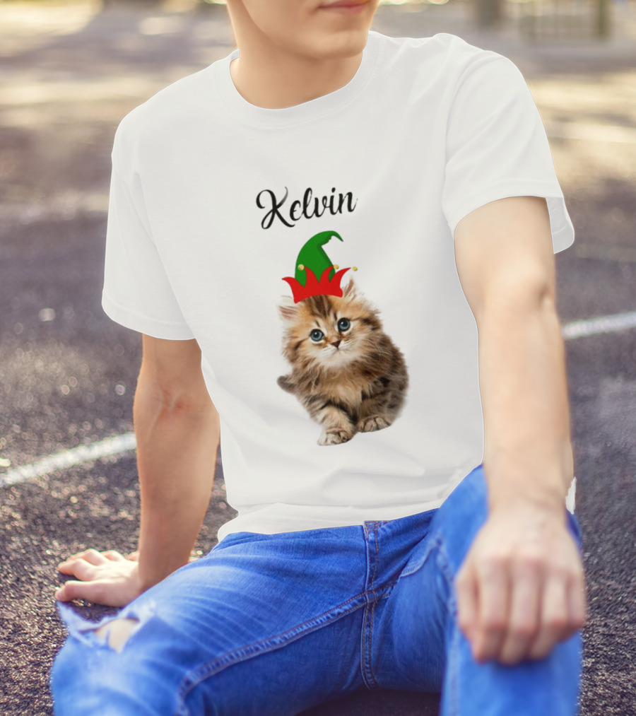 Kelvin Cat Wearing Elf Hat Merry Christmas Custom Name T-Shirt