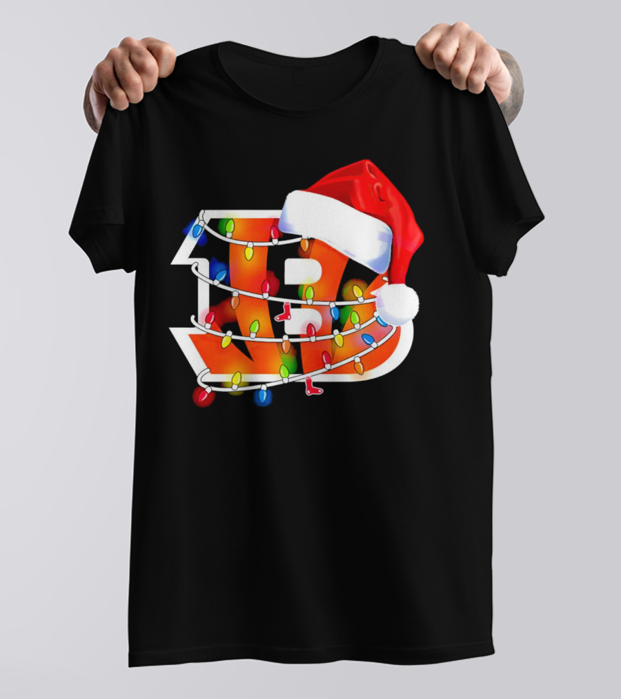 Cincinnati Bengals Christmas Lights Santa Hat Logo Holiday Football T-Shirt