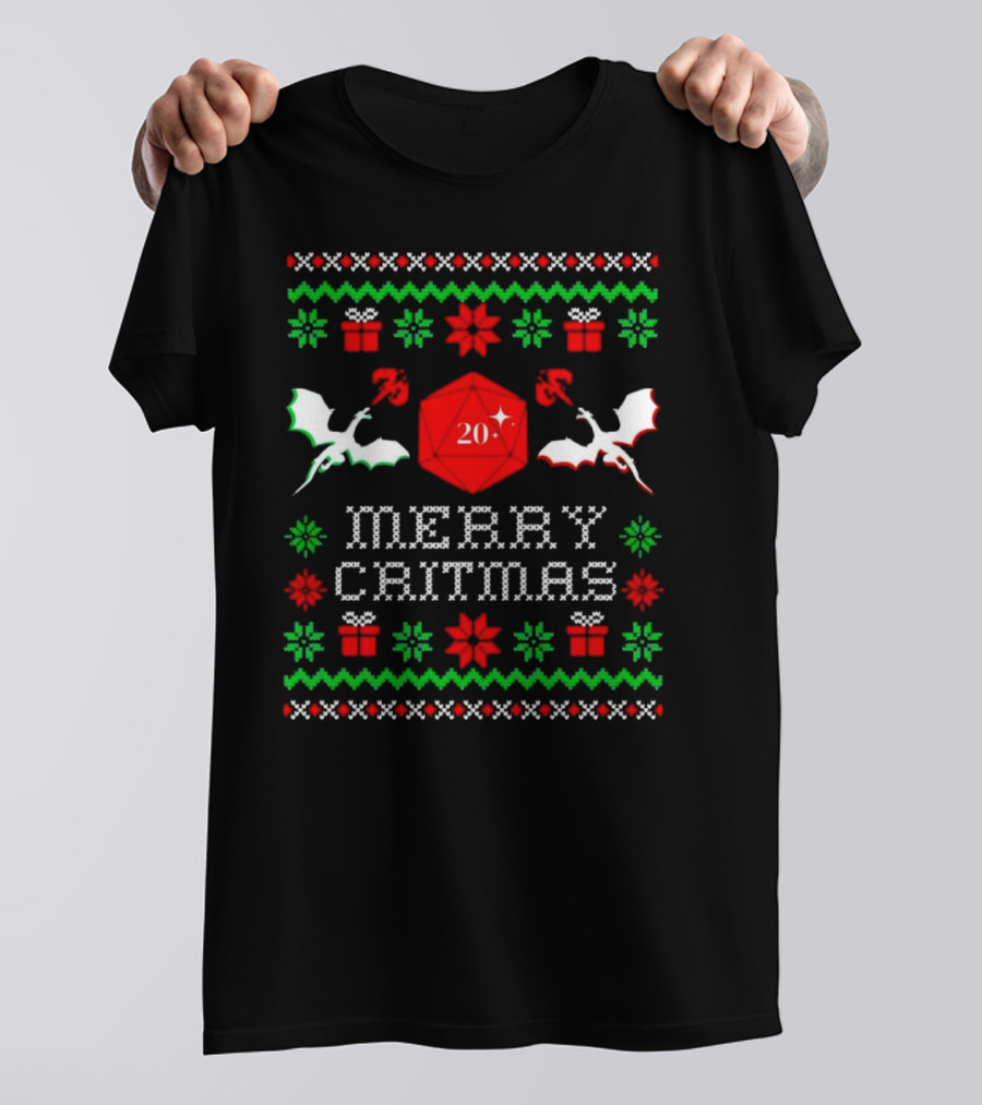 Merry Critmas Christmas Dragons With D20 Dice And Festive Decorations T-Shirt