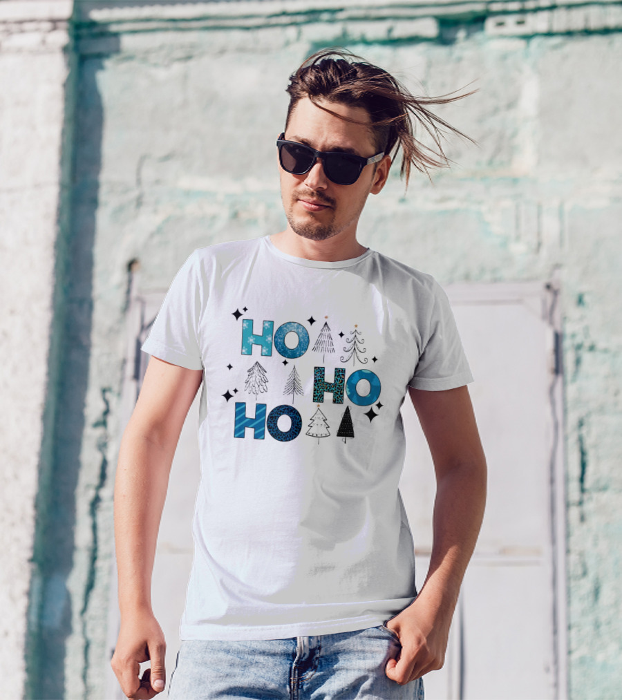 Hohoho Christmas Blue Patterns With Trees And Stars T-Shirt