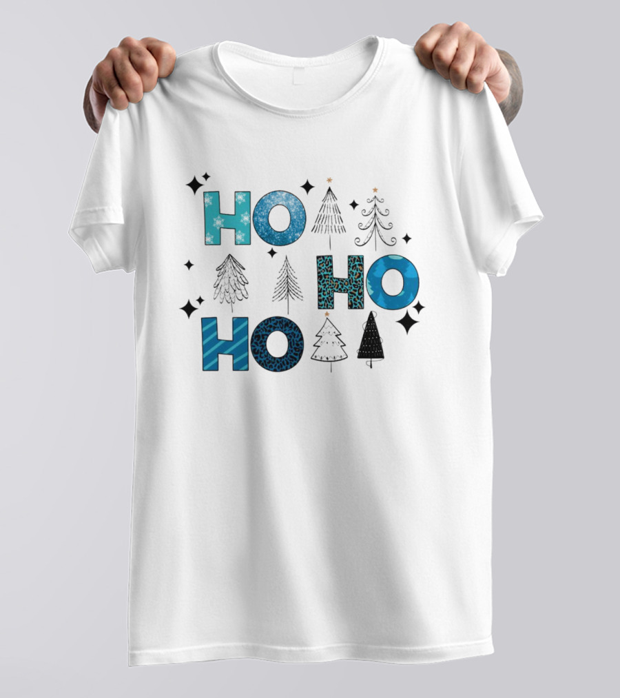 Hohoho Christmas Blue Patterns With Trees And Stars T-Shirt